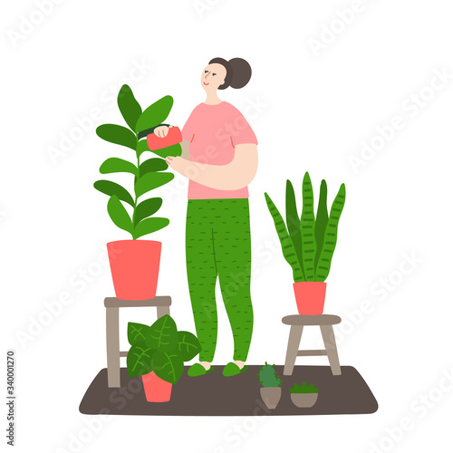 Girl caring for plants. Woman washes a plant with a sponge. Daily life and routine by young woman at home. Flat cartoon vector illustration