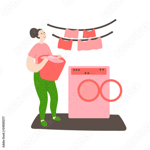Happy young cleans the house. Woman carries laundry in a basket to the washing machine. Daily life and routine by young woman at home. Flat cartoon vector illustration