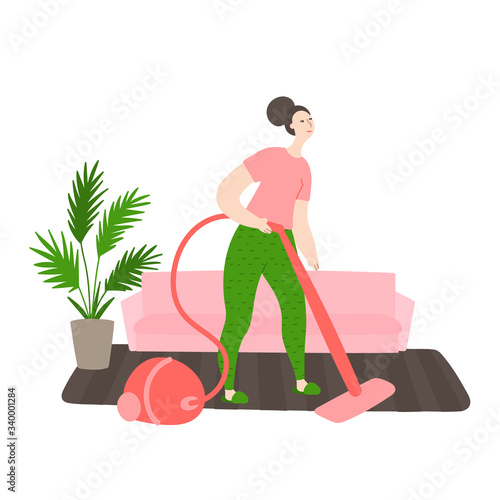 Happy young cleans the house. Woman vacuuming the living room floor. Daily life and routine by young woman at home. Flat cartoon vector illustration