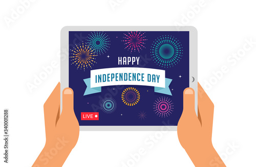 Independence day celebration online, live video. People are taking video on tablets and smartphones. Vector design and illustration