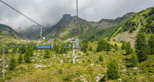 Pejo 3000 chairlift : the chairlift that reaches an altitude of 3000 meters,Pejo, Trentino Alto Adige, Italy - august 10, 2019.