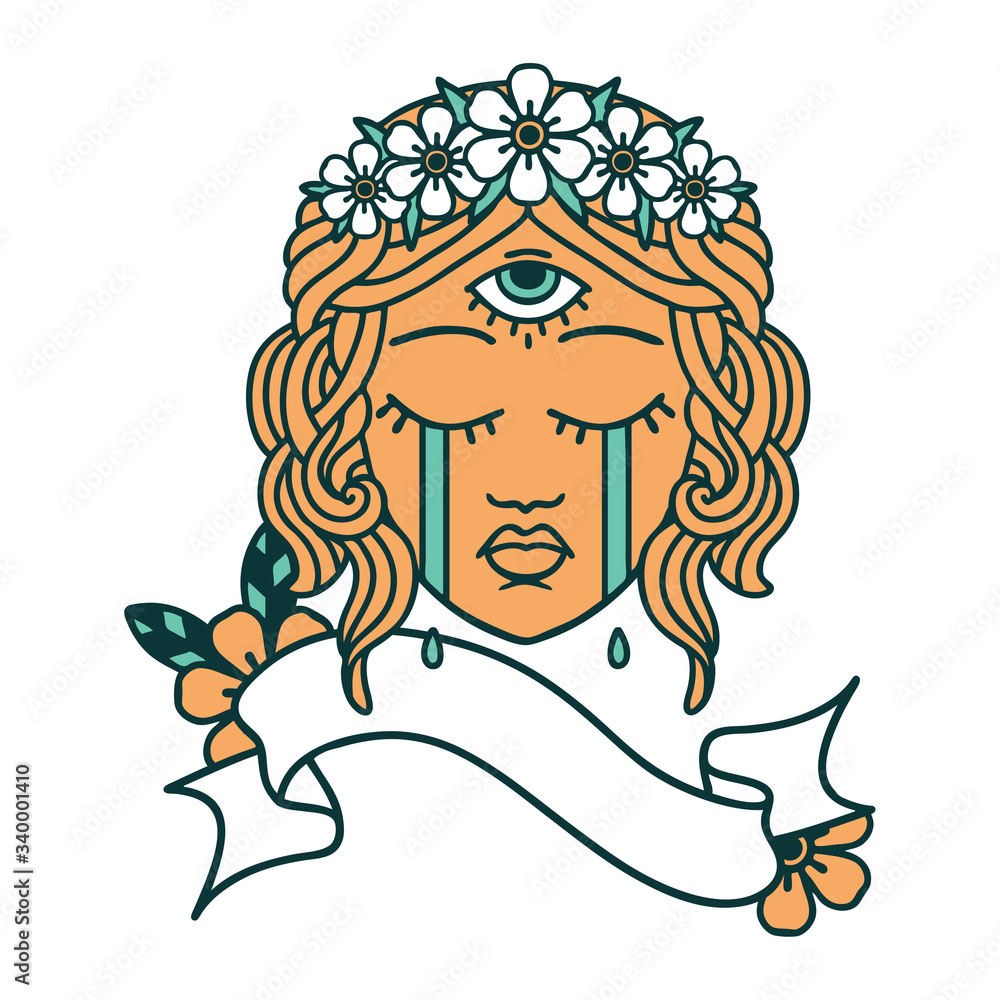 tattoo with banner of female face with third eye crying tattoo with banner of female face with third eye crying