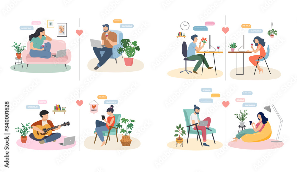 Couples with smartphones, tablets and laptops chatting online, during coronavirus self isolation, quarantine. Virtual dating concept. Vector illustration