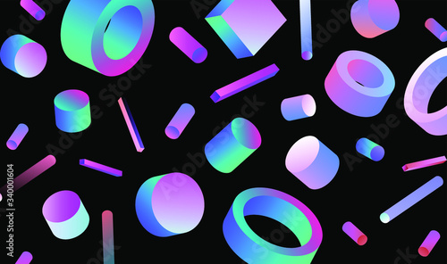 Neo-memphis bauhaus retrowave abstract background. Neon holographic chromatic 3d shapes - polygon, cube, prism, cylinder, cuboid, ect. Retrofuturistic print for t-shirt, notebook, poster, cover.