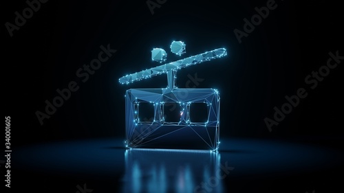 3d rendering wireframe neon glowing symbol of tram on black background with reflection