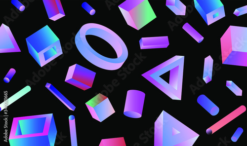Neo-memphis bauhaus retrowave abstract background. Neon holographic chromatic 3d shapes - polygon, cube, prism, cylinder, cuboid, ect. Retrofuturistic print for t-shirt, notebook, poster, cover.