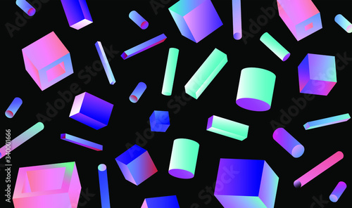 Neo-memphis bauhaus retrowave abstract background. Neon holographic chromatic 3d shapes - polygon, cube, prism, cylinder, cuboid, ect. Retrofuturistic print for t-shirt, notebook, poster, cover.