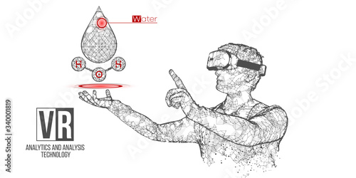 VR wireframe headset vector banner. Polygonal man wearing virtual reality glasses, with holographic of water. Science, diagnostics, virtual analytics, analysis. VR games. Thank you for watching