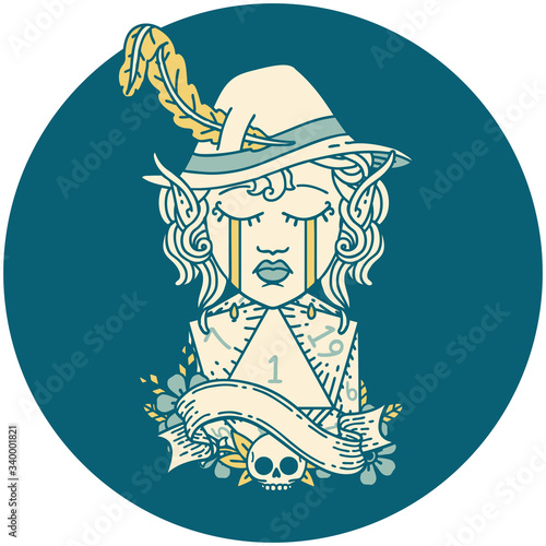 crying elf bard character face with natural one d20 dice roll illustration