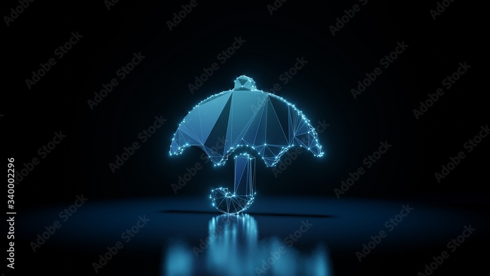 3d rendering wireframe neon glowing symbol of umbrella on black background with reflection