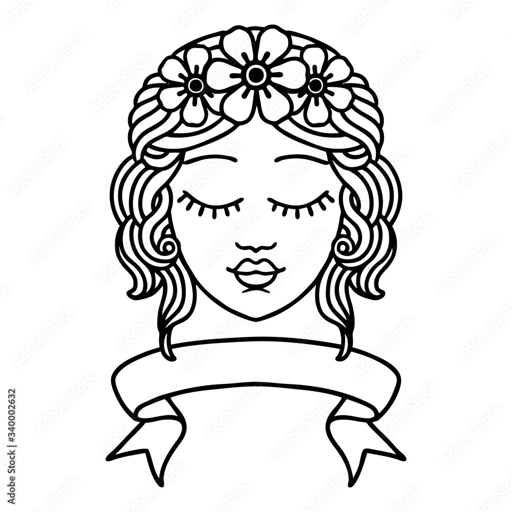 black linework tattoo with banner of female face with eyes closed black linework tattoo with banner of female face with eyes closed
