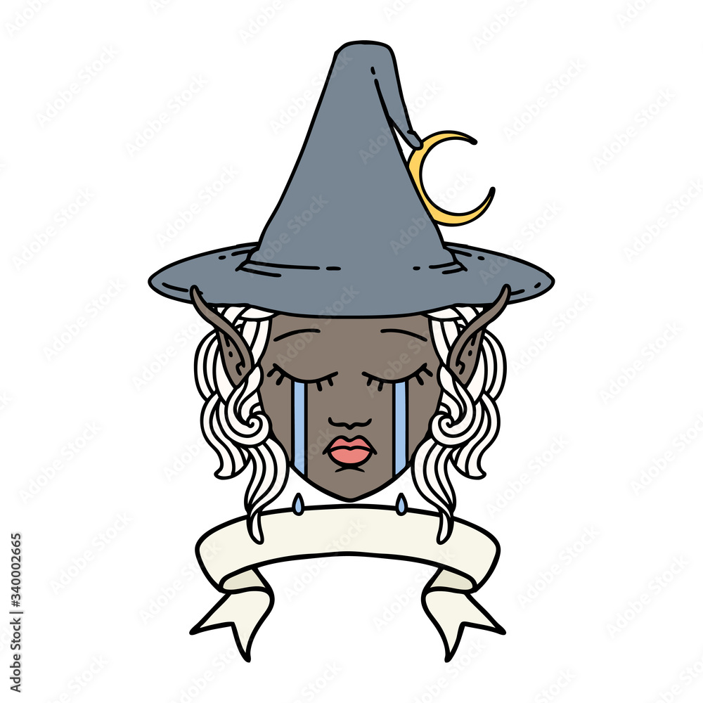 crying elf mage character face wiht banner illustration crying elf mage character face wiht banner illustration