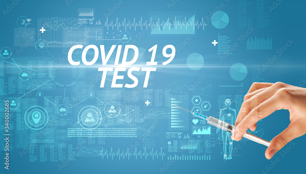 Syringe needle with virus vaccine and COVID 19 TEST inscription, antidote concept Syringe needle with virus vaccine and COVID 19 TEST inscription, antidote concept