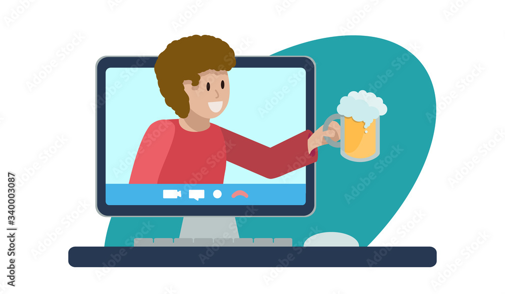 Concept online party with beer. Cheerful man with glass of foam ale climbs out of computer monitor, laptop. Oktomberfest at home. Vector flat illustration. Social network Concept online party with beer. Cheerful man with glass of foam ale climbs out of computer monitor, laptop. Oktomberfest at home. Vector flat illustration. Social network