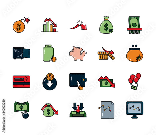 financial arrows and financial broke icon set, line and fill style