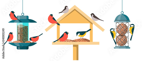 Different types of bird feeders - Hopper Or House Feeder, Nyjer Feeder and Suet Feeder. Illustrations in a flat cartoon style isolated on white background. © Veronika