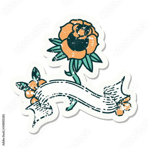 grunge sticker with banner of a rose