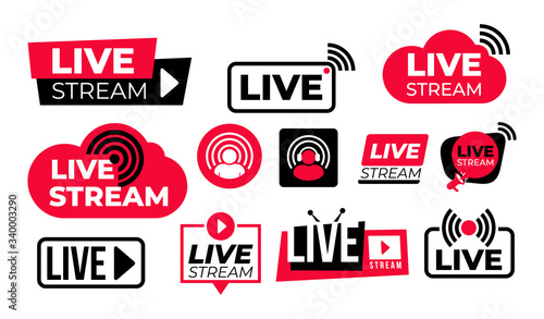 Set of live streaming vector icons. Red and black symbols and buttons of live streaming, broadcasting, online stream. Design for tv, shows, movies and live performances. Isolated on white background.