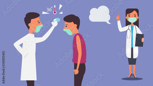Checking body temperature concept.distance Reduce the risk infection and disease concept .Vector and illustration characters.