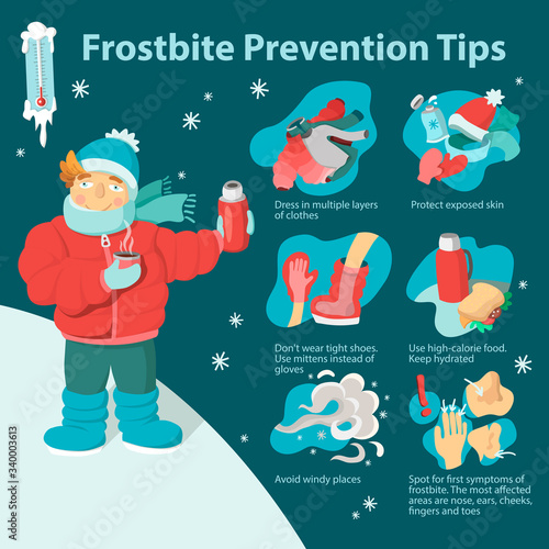 Frostbite prevention tips. Cartoon infographic, poster or flyer.