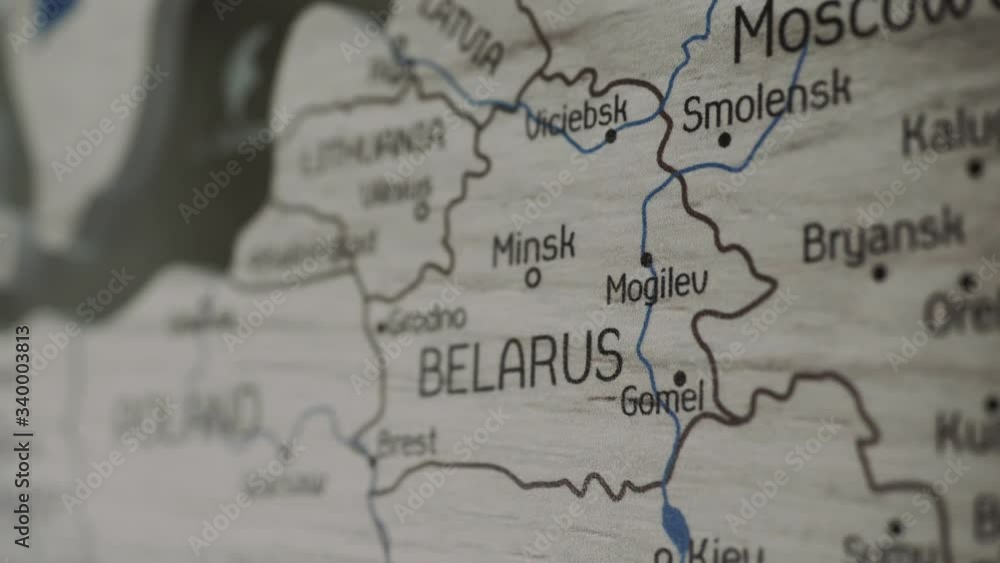 The camera follows the Belarus territory on the wall map The camera follows the Belarus territory on the wall map