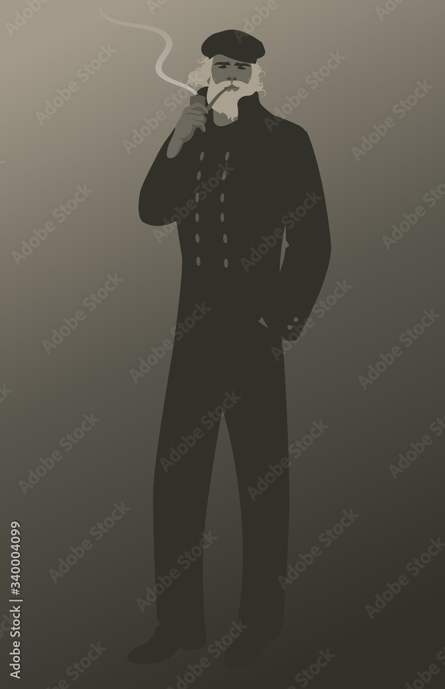 Old Salt. Man wearing cap and navy clothes, smoking a pipe, isolated on foggy background Old Salt. Man wearing cap and navy clothes, smoking a pipe, isolated on foggy background