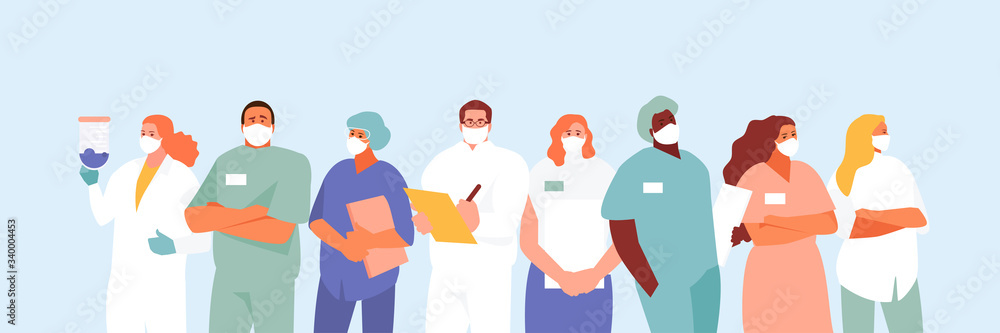 Group team of doctors wearing masks. Stop coronavirus vector illustration Group team of doctors wearing masks. Stop coronavirus vector illustration