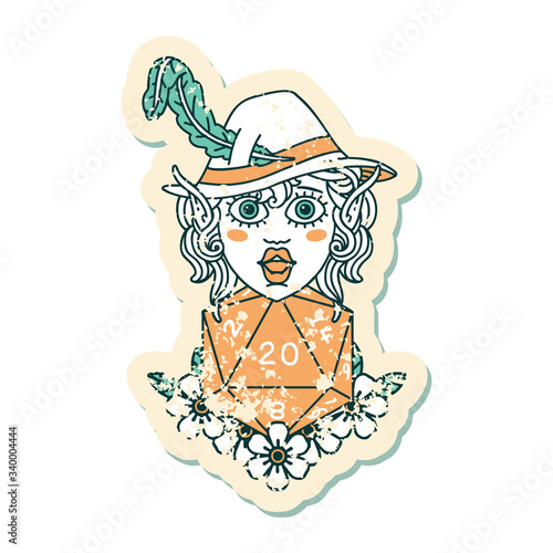 elf bard character with natural twenty dice roll illustration