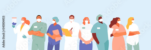 Group team of doctors wearing masks. Stop coronavirus vector illustration