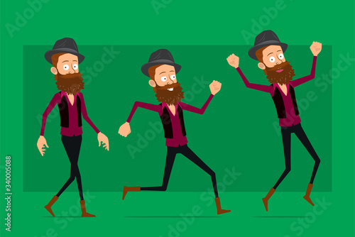 Cartoon flat funny cute hipster bearded boy character in black hat. Ready for animations. Smiling man walking, running and jumping. Isolated on green background. Big vector icon set.