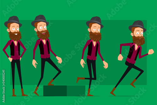 Cartoon flat funny cute hipster bearded boy character in black hat. Ready for animations. Successful hipster walking to his goal. Isolated on green background. Big vector icon set.