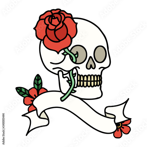 tattoo with banner of a skull and rose