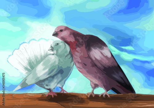 Watercolor pair of flying doves isolated on white background.
