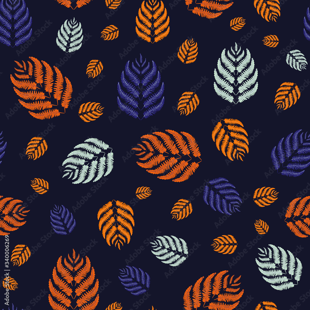 Fern leaves vector seamless pattern background. Forest plant frond multicolor dark backdrop. Hand drawn botanical foliage illustration. All over print for winter, fall, autumn concept, textile, fabric Fern leaves vector seamless pattern background. Forest plant frond multicolor dark backdrop. Hand drawn botanical foliage illustration. All over print for winter, fall, autumn concept, textile, fabric