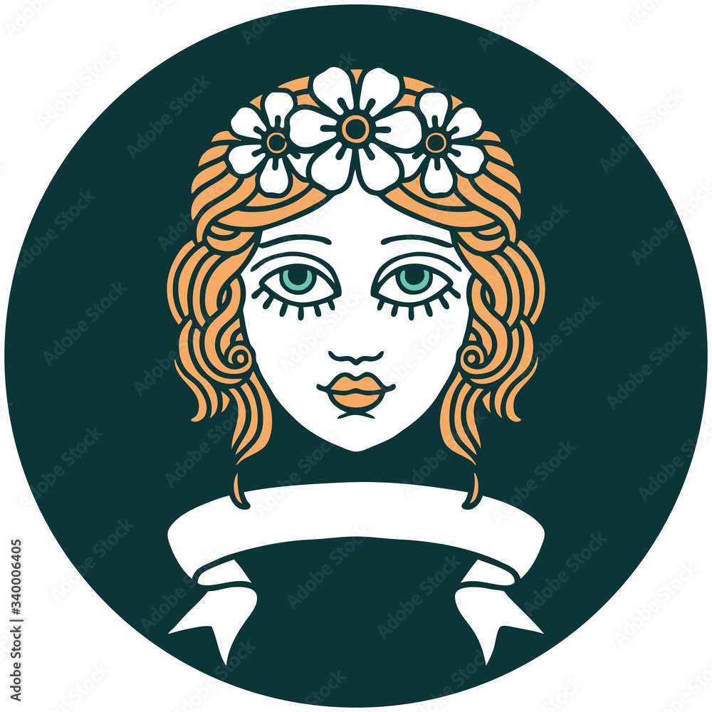 icon with banner of female face with crown of flowers icon with banner of female face with crown of flowers