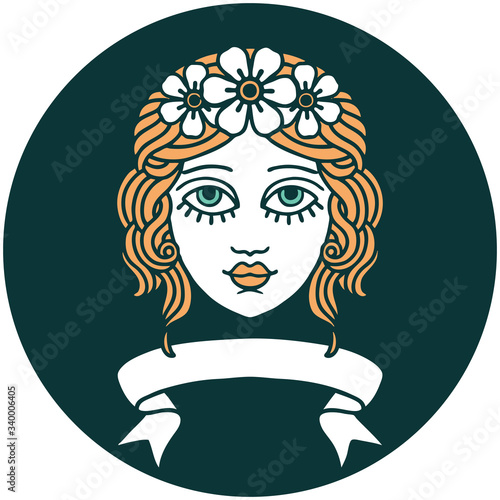 icon with banner of female face with crown of flowers