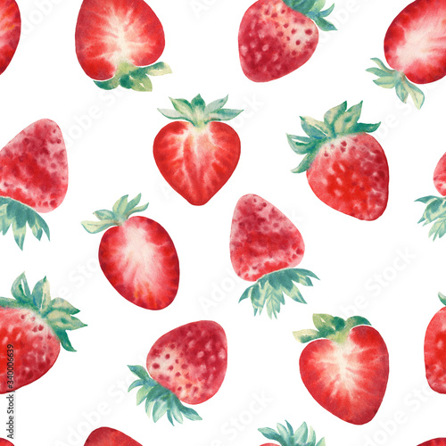 Fototapeta Naklejka Na Ścianę i Meble -  Hand painted watercolor seamless pattern with strawberries on white background. Perfect for wrappers, wallpapers, textile, postcards, greetings, wedding invitations, romantic events.