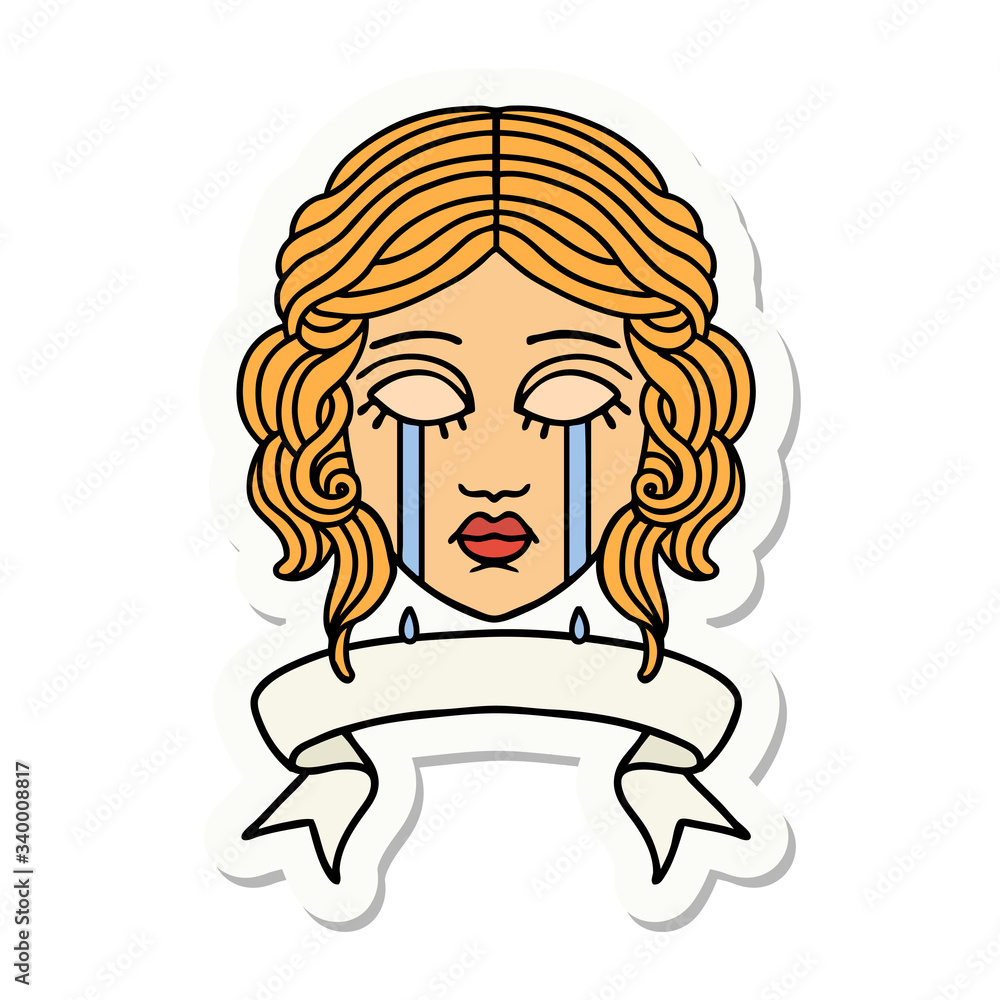 tattoo sticker with banner of female face crying tattoo sticker with banner of female face crying