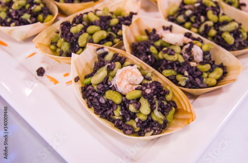 small boats with black beans and shrimp