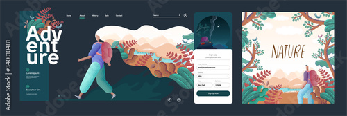 Vector illustration. A traveler or explorer stands in the background of nature. The concept of the site is discovery, exploration, hiking, adventure tourism and travel. Website template.