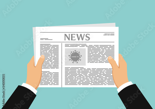 Realistic flat design illustration of man manager hands. Holds and reads a newspaper with an article on coronavirus pandemic, vector