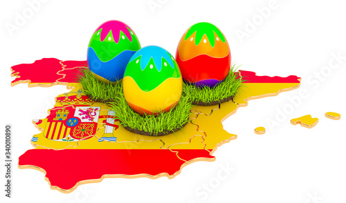 Easter holiday in Spain, Easter eggs on the Spanish map. 3D rendering