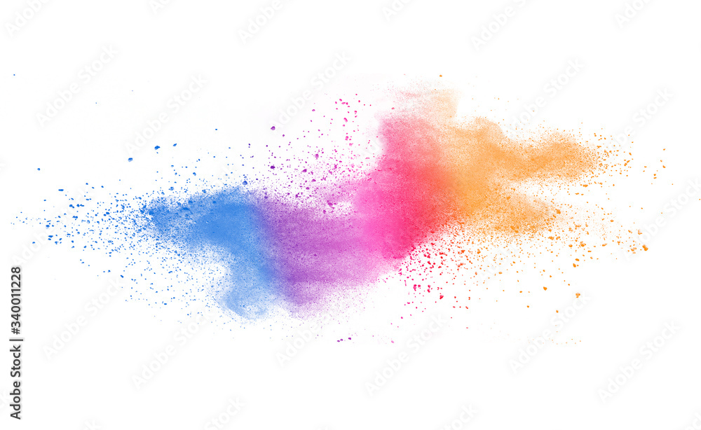 Freeze motion of colorful color powder exploding on white background.