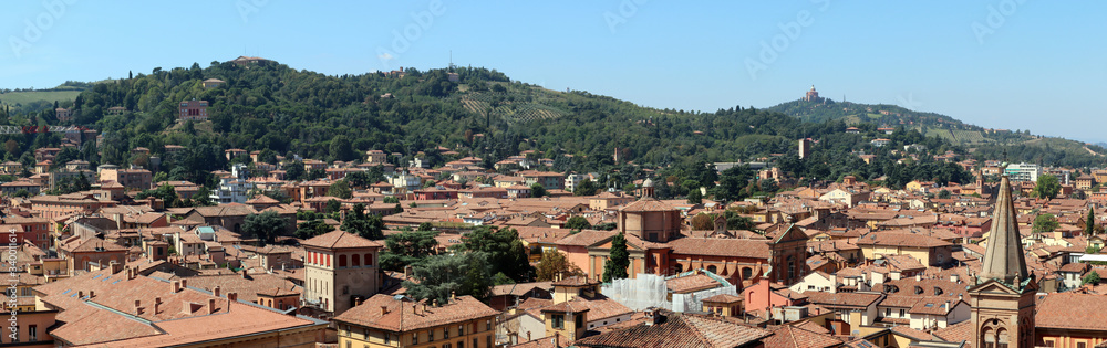 Panoramic view of the hills around the city of Bologna. Italian Apennine mountain. South side of the city