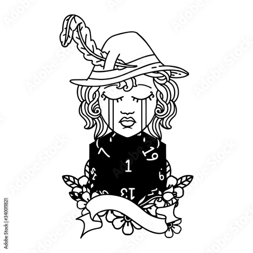 crying human bard with natural 1 D20 roll illustration
