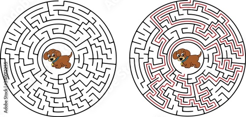 Maze game for kids vector labyrinth, maze, game, way, dog, illustration