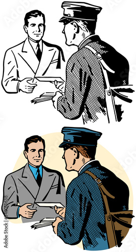 A drawing of a mailman hand delivering a letter from the post office to a man. 