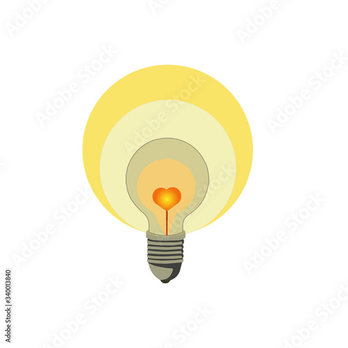 Heart bulb shining with yellow light on isolated white background, vector illustration for different way of using from printing on notebooks, clothes or shoppers to making original design.