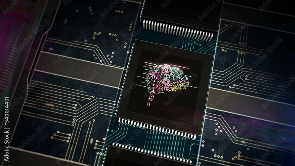 Artificial intelligence, cybernetic brain and machine learning technology. CPU production line abstract 3d rendering loopable seamless animation. Processor factory with laser burning of AI symbols. Artificial intelligence, cybernetic brain and machine learning technology. CPU production line abstract 3d rendering loopable seamless animation. Processor factory with laser burning of AI symbols.