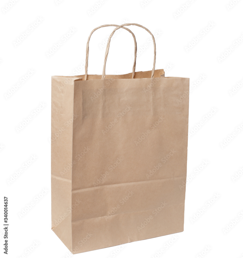 Eco-friendly paper bag made of recycled paper, isolate white background. Space for text or logo Eco-friendly paper bag made of recycled paper, isolate white background. Space for text or logo